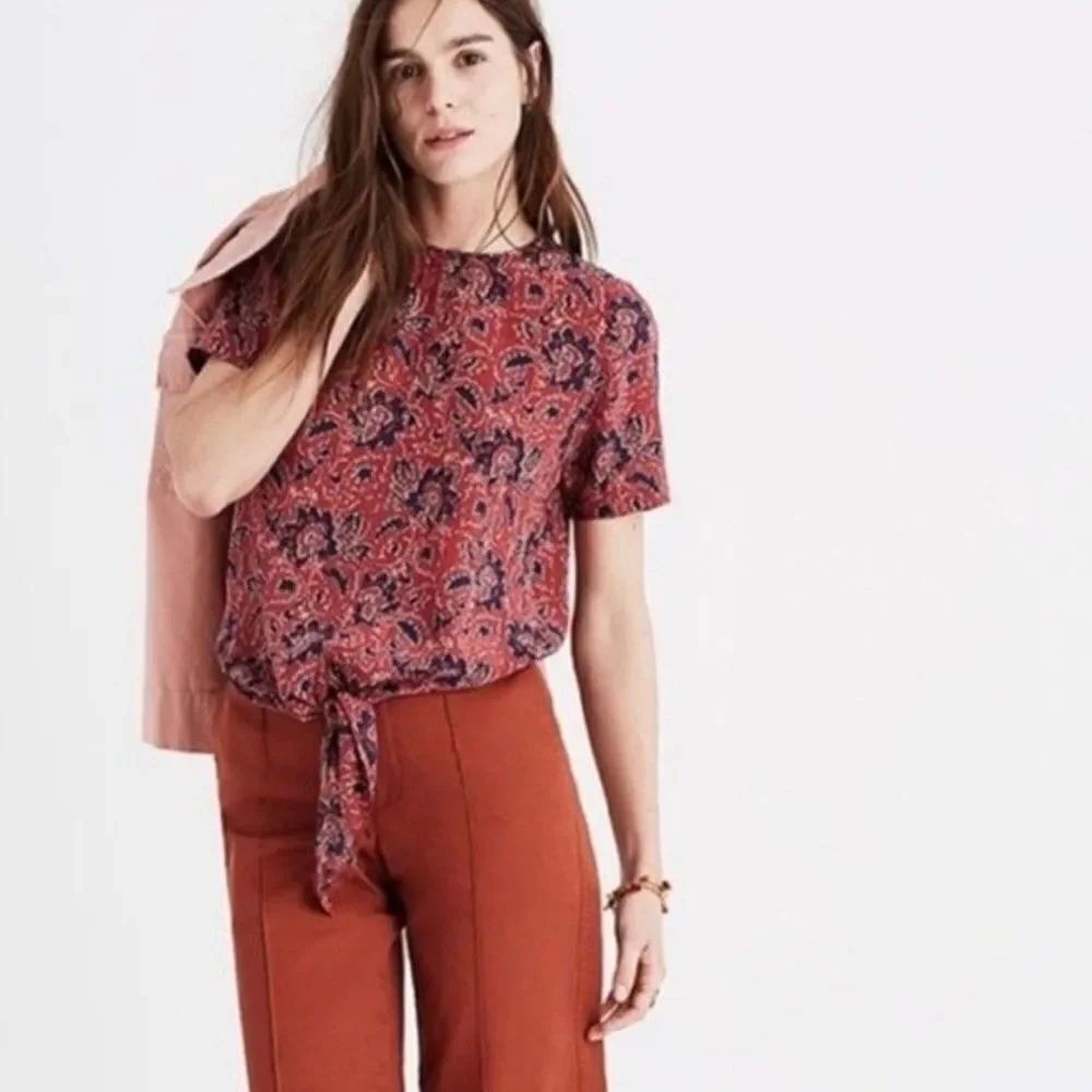 Madewell 100% silk tie-front blouse, Assam Floral, size S.